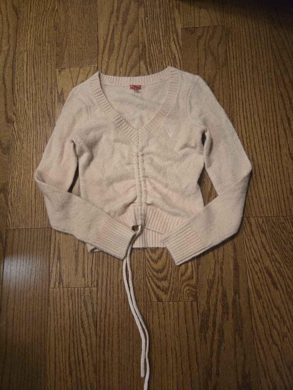 Guess Cream V-Neck Ruched Drawstring Sweater